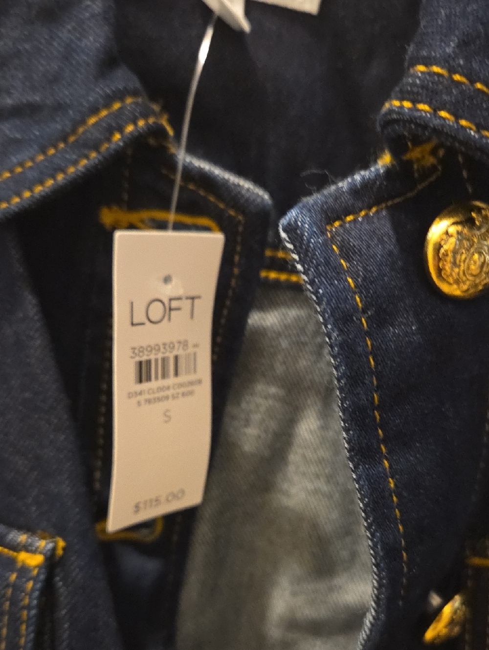 LOFT Dark Indigo Denim Jacket with Gold Buttons and Yellow Stitching